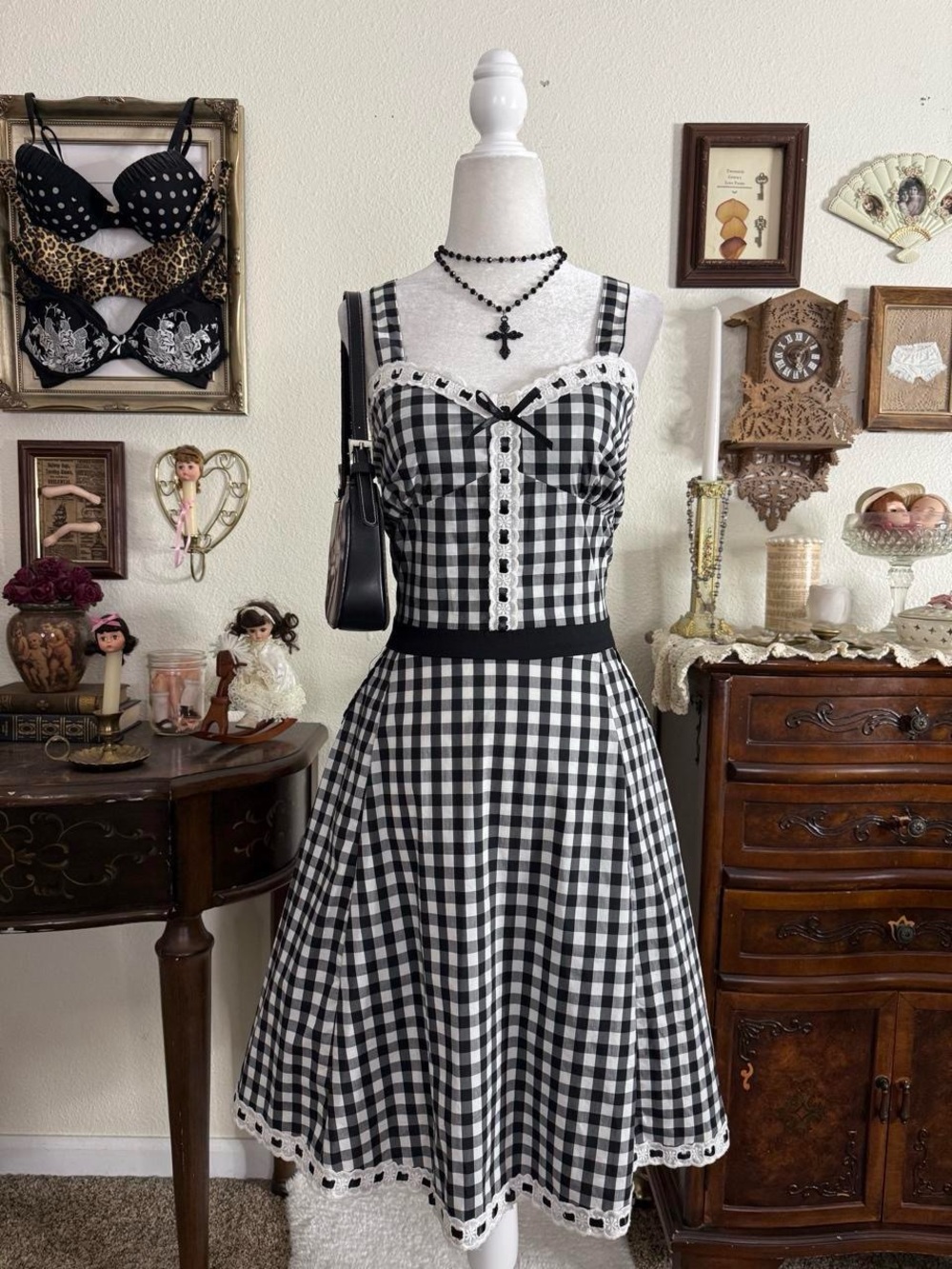 BNWT retro style rockabilly goth black and white gingham flared midi dress